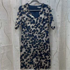 Sandwich Navy Blue Beige Floral Print V-Neck Knee Length Sheath Dress Size 38